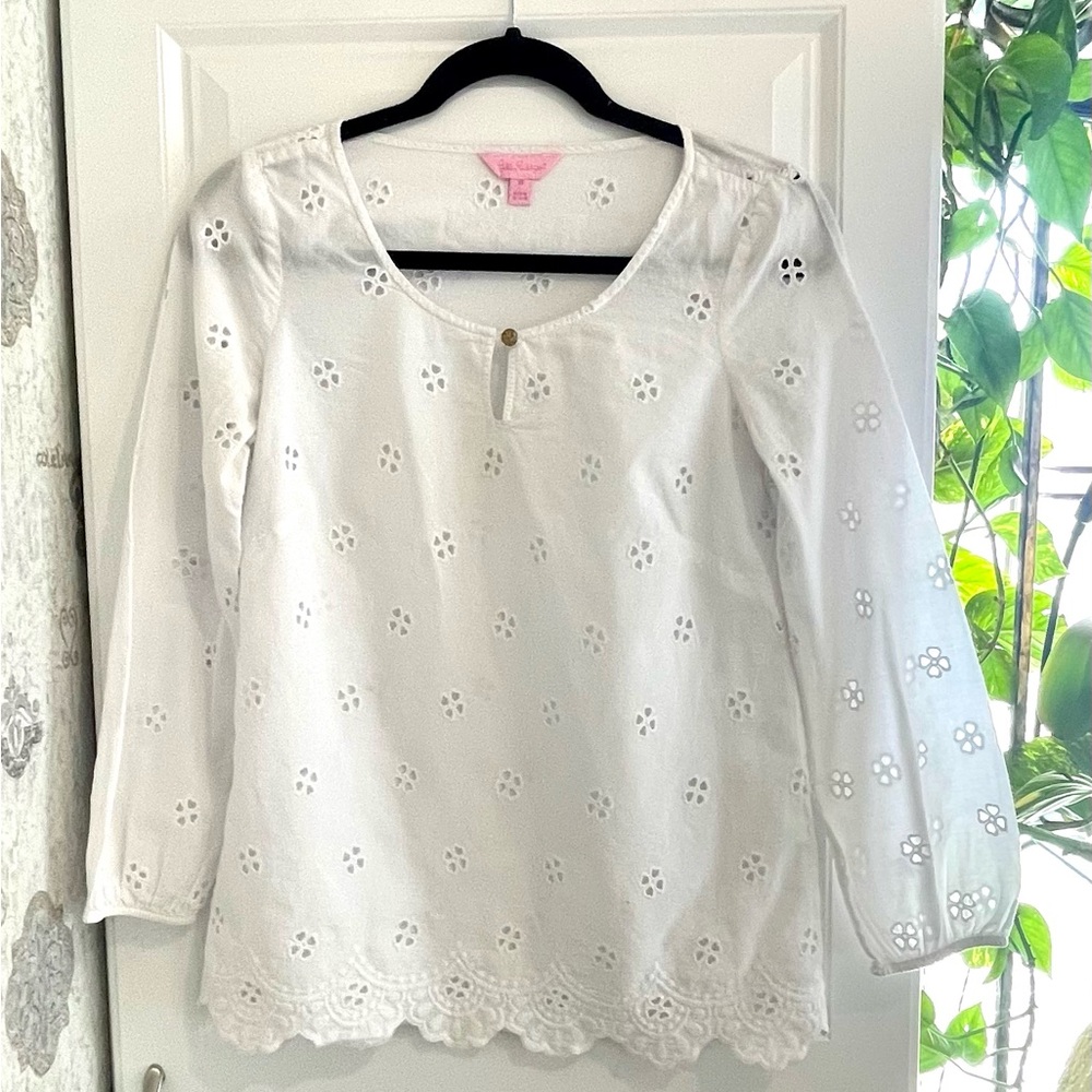 Lilly Pulitzer White Embroidered 3/4 Sleeve Blouse